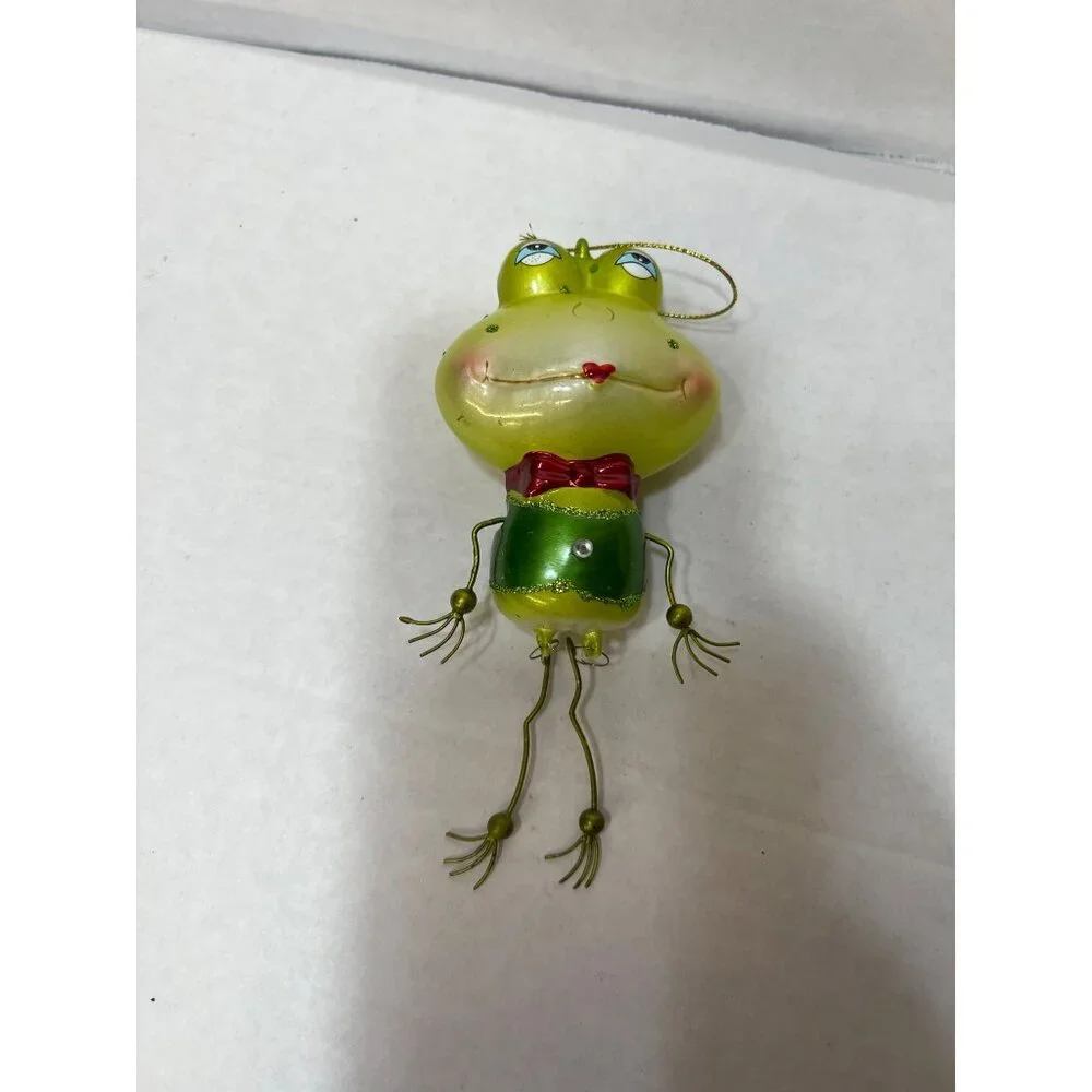 Pier 1 blown glass green lights Frog Hanging Figurine Ornament With Red Bow Tie
